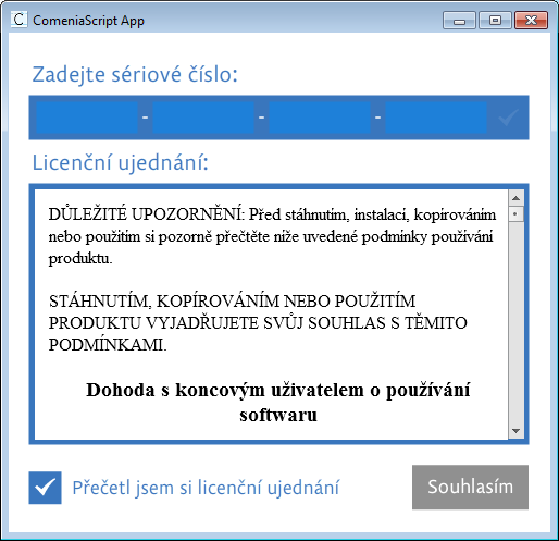 Okno aplikace - zadejte seriové číslo